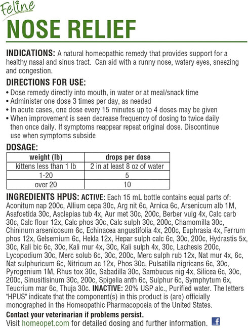 HomeoPet Feline Nose Relief, Natural Nasal and Sinus Medicine for Cats, 15 Milliliters