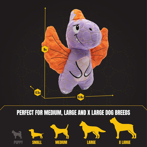 Bite Force - Durable & Strong Dog Toy Purple Dino with Squeaker, Kevlar-Reinforced for Aggressive chewers.