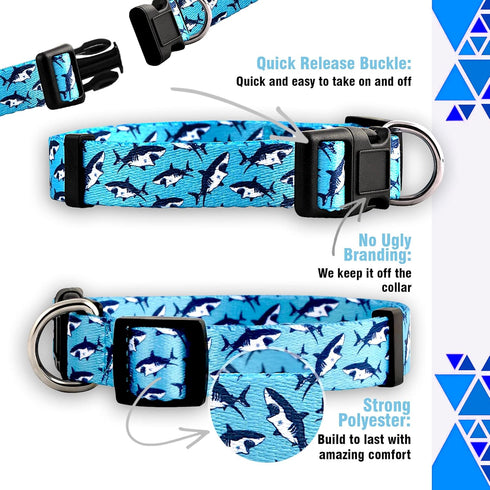 Native Pup Cute Animal Dog Collar, Adjustable Size Shark Pattern for Girl or Boy Dogs, Durable Nylon (Large, Sharks)