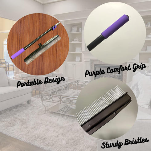 Room Groom PET Carpet Rake and Groomer - Telescoping 54 Inch Adjustable Handle for Rugs and Artificial Turf, Purple Grip