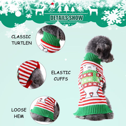 Dog Christmas Sweater for Small Medium Dogs, Knitted Soft Warm Holiday Clothes with Cute Bear Striped Design (XL, Green
