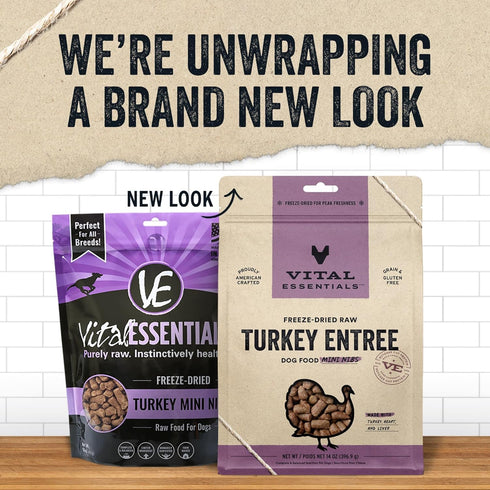 Freeze Dried Raw Dog Food by Vital Essentials, Turkey Mini Nibs Entree, 14 oz