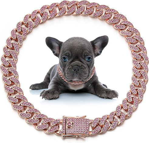 LEIFIDE Dog Cat Chain Collar, Diamond Collar 12 mm Wide for Cat Metal Small Dog, Pet Crystal Necklace Accessories (Rose