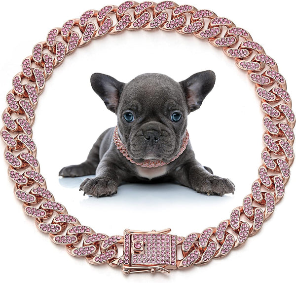 LEIFIDE Dog Cat Chain Collar, Diamond Collar 12 mm Wide for Cat Metal Small Dog, Pet Crystal Necklace Accessories (Rose