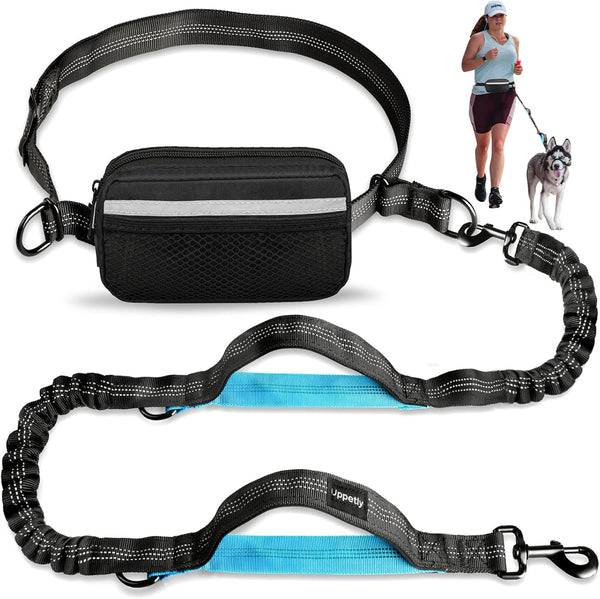 Hands Free Dog Running Leash with Zipper Pouch - Dual Handle, Elastic Bungees for Medium and Large Dogs