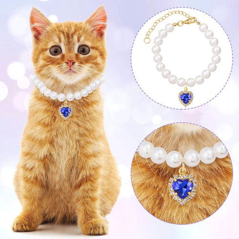 Cat Dog Pearl Necklace Collar 2pcs, Cute Fancy Jewelry Accessories with Heart Shape Rhinestone for Small Pets
