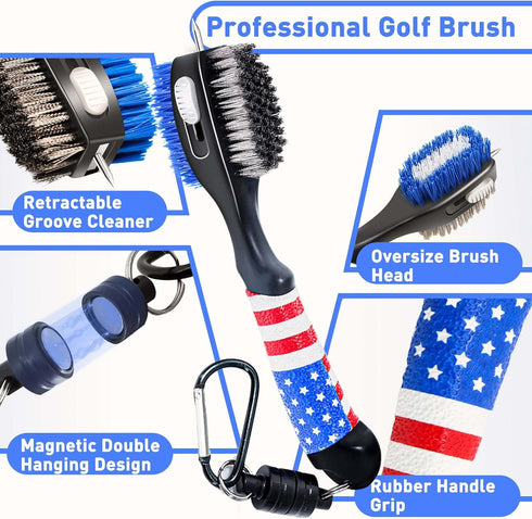 Golf Club Brush and American Flag Golf Towels - Cleaning Kit with Strong Magnet for Golf Clubs or Bag