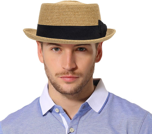 Pork Pie Hat for Men/Women, Classic Straw Boater Derby Sun Hats with Grosgrain Band
