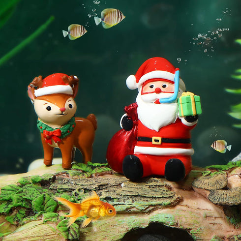 Christmas Aquarium Decoration, 2pcs Santa Claus Reindeer Figurines Resin Ornament for Holiday Fish Tank