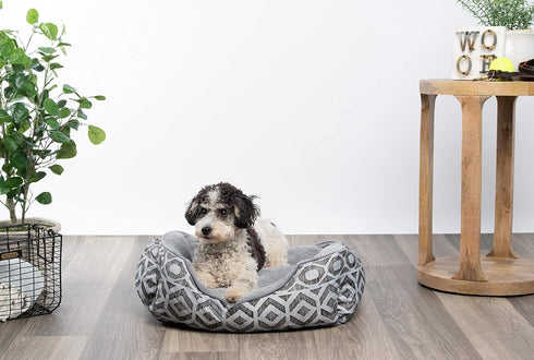 Modern Threads Luxury Dog Bed - Oxford Printed Plush Cuddler for Small to Medium Dogs, Machine Washable, Anza, Grey