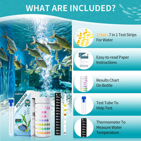 125 Aquarium Test Strips 7 in 1 for Freshwater and Saltwater with Test Tube & Thermometer