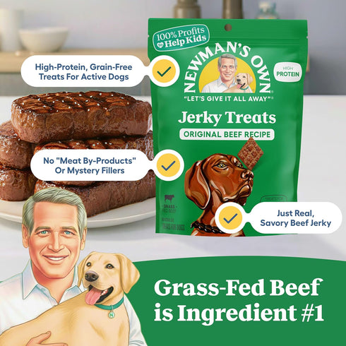 5 oz (Pack 6) Newman's Own Original Beef Jerky Dog Treats, Bag of High Protein, Grain Free, Grass-Fed Beef as First