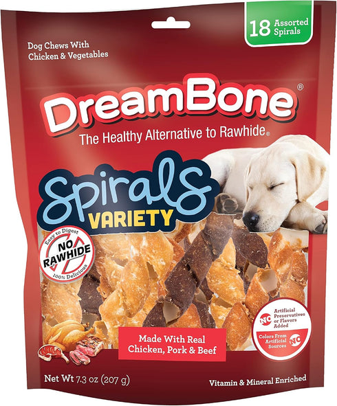 Spirals Variety Pack, No-Rawhide Chews for Dogs, 18 Spiral Chews by Dreambone
