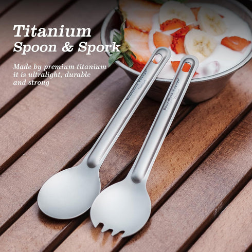 Set 2 Packed Boundless Voyage Camping Spork and Spoon Titanium Tableware Reusable Outdoor Flatware with Storage Bag