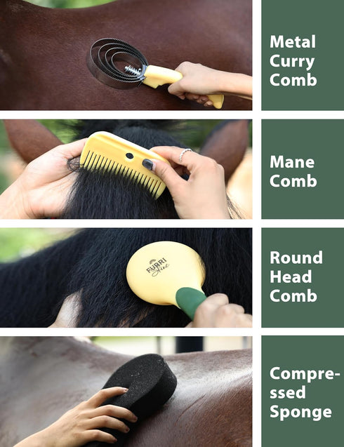 Furrishine 9 Set Horse Grooming Kit, Piece Grooming Brush with Silicone Curry Comb for Bathing & Shedding Pasture Glow