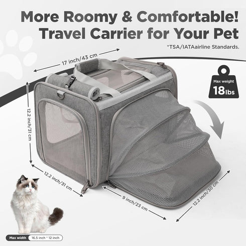 Expandable Grey Cat Carrier - Small Dog Bag for Traveling, Bunny Rabbit Purse, TSA Airline Approved