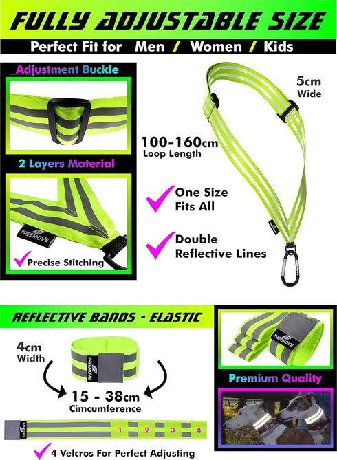 FREEMOVE Reflective SASH with 2 Bands or Reflective Runners Waist Belt with 4 Arm Bands, Easy to Put On/Off Reflective