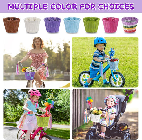 Kids Bike Basket, Woven Front Accessories for Boys & Girls with Stickers, Bell, Windmill, Ribbons