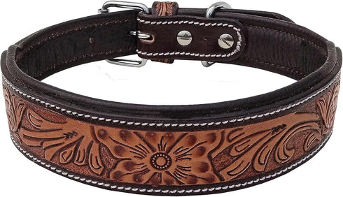 Leather Dog Collar, Western Style, Heavy Duty, Hand Tooled Floral, for Puppies and Big Dogs