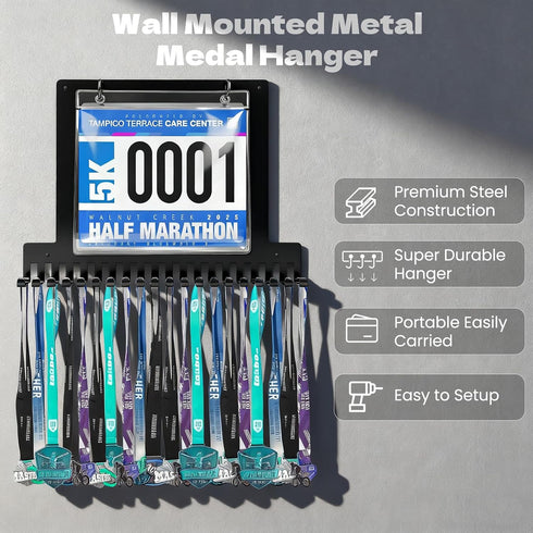 KAZLIE 50 40 Race bib and Medal Display Holds up to Medals, Race BibsMedal Hanger and Bib Marathon Medal Display Stand