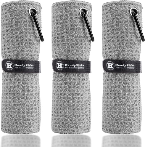 Handy Picks Microfiber Golf Towel (16" X 16") Grey with Carabiner Clip, Waffle Pattern Hook and Loop Fastener