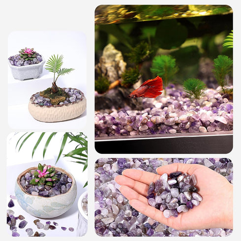 Amethyst Crystal Chips Bulk Polished Tumbled Crushed Stones Aquarium Gravel Rocks with Pink Quartz Bracelets,Decorative Fish Tank Succulent Plants Vase Filler Fountain Potted (1lb 500+Pcs)