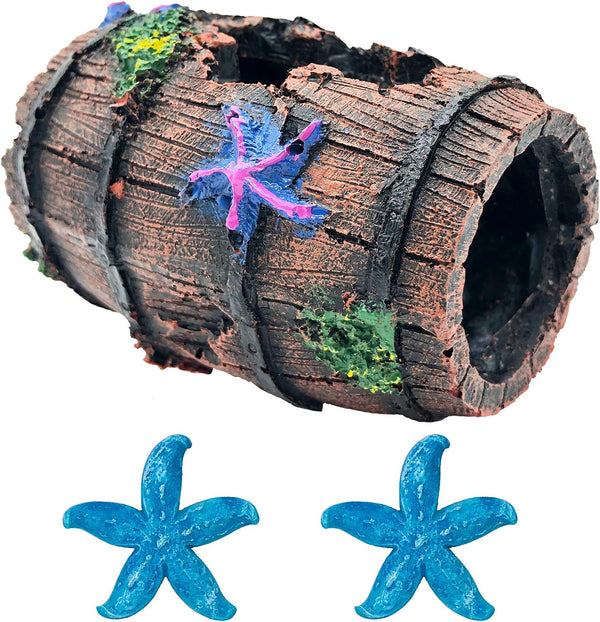 GSD Star-Fish Broken Barrel Decor, Resin Betta Fish Tank Accessories, Includes 1 Broken Barrel & 2 Star Fish