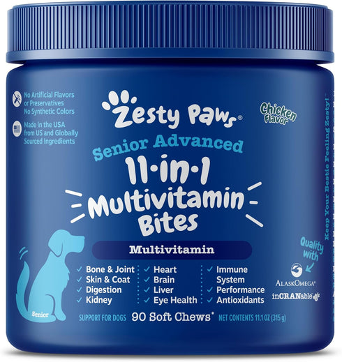 Zesty Paws Senior Dog Multivitamin Treats, 90ct, for Skin & Coat, Immune Health, Glucosamine