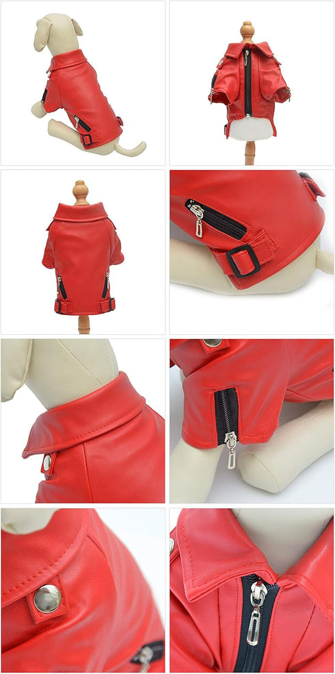 Lovelonglong Cool Dog Leather Jacket, Warm Windproof Coats for Large Medium Small Dogs, Red XXL