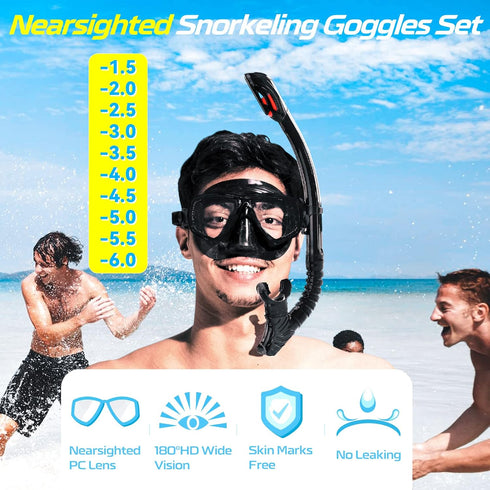 Set Nearsighted Snorkel Gear, Nearsighted Dry Snorkel Mask for Adult Youth, Nearsighted Anti Fog Diving Mask