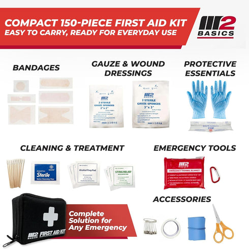 M2 150 BASICS Compact First Aid Kit, Pieces, Portable Emergency Kit with Carry Bag and Carabiner for Travel, Car