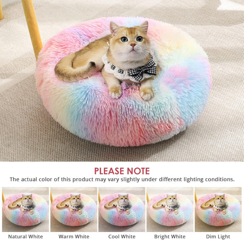 JOLLYVOGUE Calming Donut Dog Bed 20" for Small Dogs and Cats, Anti-Anxiety Washable Fluffy Faux Fur Cuddler