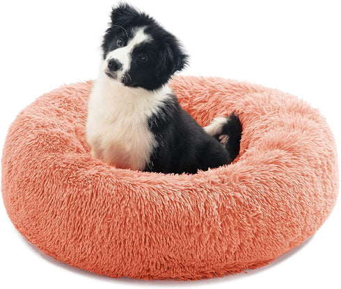Cozy Soft Pink Calming Dog Bed 20x20inch for Small Dogs & Large Cats, Anti Anxiety Donut Cat Bed, Machine Washable