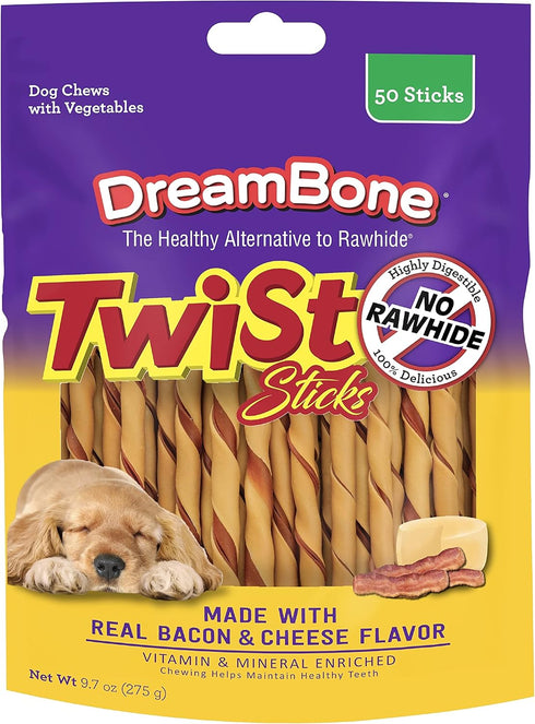Dreambone Twist Sticks, 50 Count, Rawhide-Free Chews with Real Bacon and Cheese Flavor (3 Pack)
