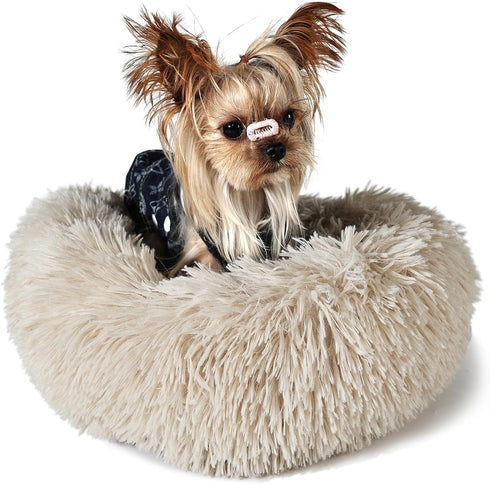 Tiny Dog Bed - Extra Small Washable 15 inches Beige Donut Soft Bed, Calming Anti-Anxiety Round for Pets up to 5 lbs