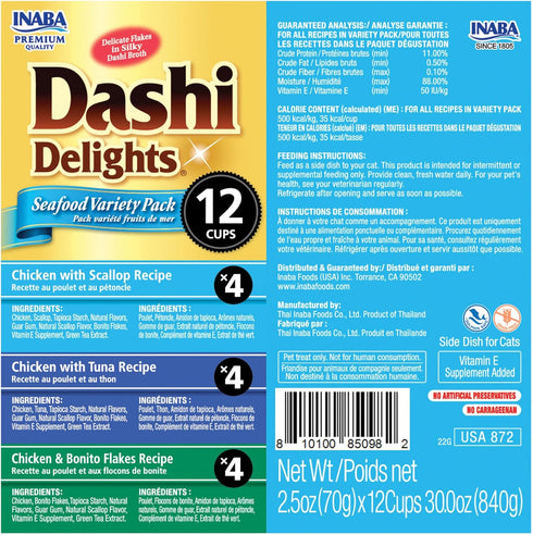 INABA Dashi Delights for Cats, Shredded Chicken with Bonito Flake Broth, 2.5 Ounce Cup, 12 Cups Total, Seafood Variety