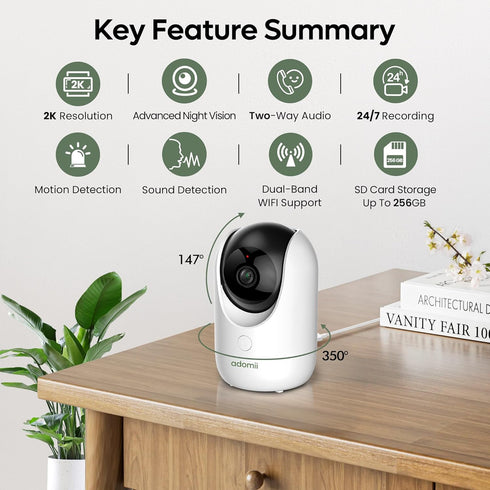 adomii 2K 33ft 2 Indoor Cameras for Home Security - Camera with Pan/Tilt, Night Vision, Way Audio, BLE Pairing - Motion