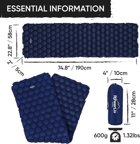 POWERLIX Ultralight Sleeping Pad for Camping - Compact Lightweight Airpad with Inflating Bag, Carry Bag, Repair Kit