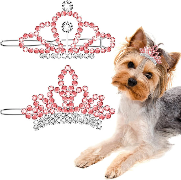 MTLEE 2 Pieces Dog Tiara Crown Hair Clips, Clear Crystal Rhinestone Barrettes for Pet Dogs Grooming Hair Accessories