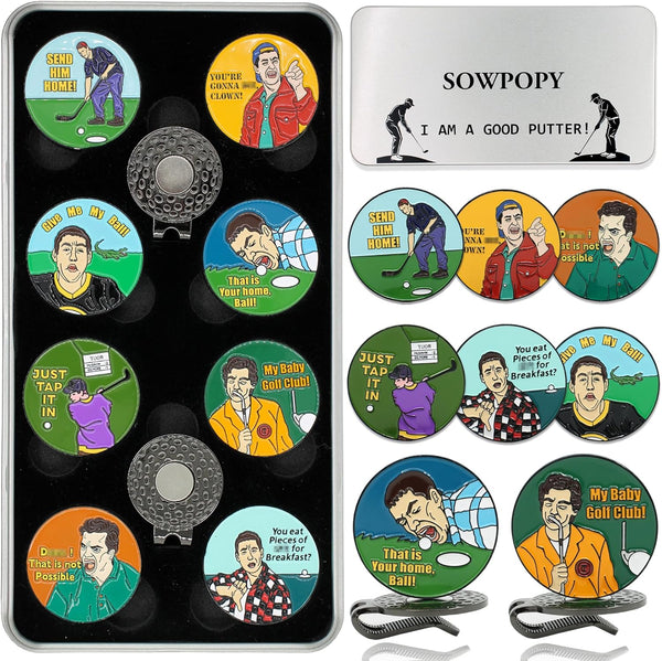 Funny Golf Ball Marker Gifts for Men, Magnetic Ball Markers with Golf Hat Clip, Cool Accessories for Golfers (8 Markers