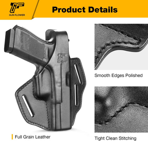 OWB Thumb Break Holster for Glock 17, 19, 19x, 22, 23, 31, 32, 45, Full Grain Leather, Right Hand