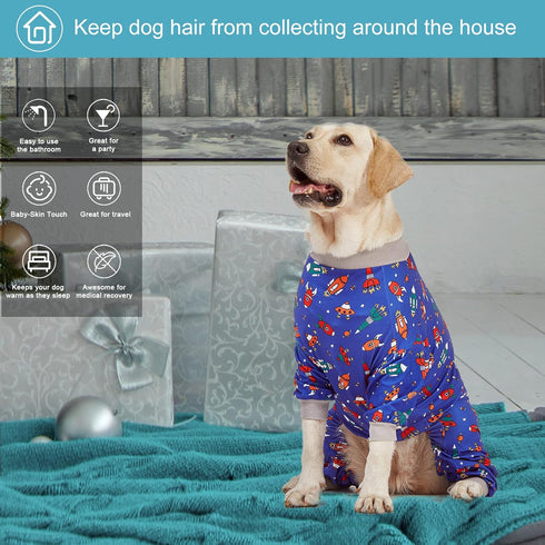 LovinPet Large Dog Pajamas, Navy Rocket and Spaceship Print, Lightweight Stretchy Knit Onesies for Dogs