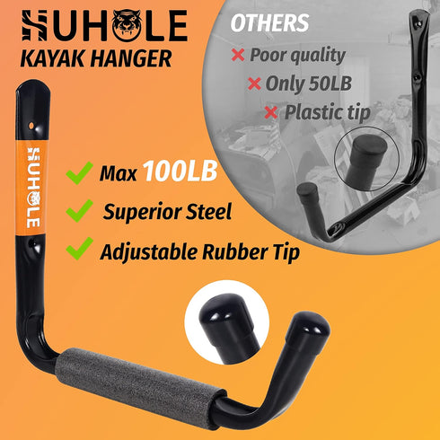 HUHOLE Heavy Duty Garage Ladder Hooks, 4PC Black Wall Mount Ladder Hangers with Jumbo Arm