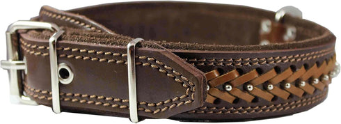 Genuine Leather Braided Studded Dog Collar, Brown, 1.6" Wide, Fits 19"-24" Neck