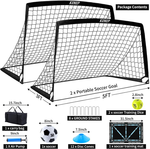 2 Set Kids Soccer Goals for Backyard with Training Equipment, Portable Foldable Practice Nets with Ball, Dice & Mat