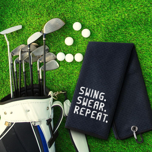 Swing Swear Repeat Embroidered Golf Towel, Funny Golf Towel for Golf Bag, Birthday Retirement Gift
