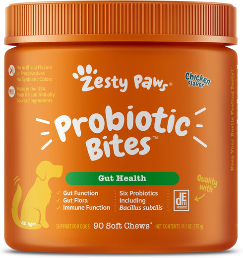 Zesty Paws Probiotics for Dogs - Digestive Enzymes for Gut Flora and Bowel Support - Chicken Soft Chew