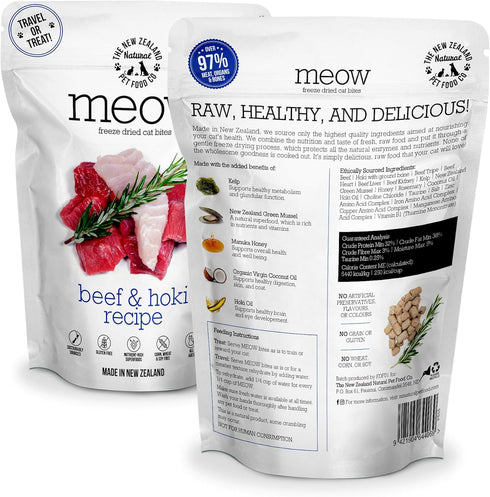 Meow Beef & Hoki Freeze Dried Raw Cat Food, Mixer, or Topper, or Treat - High Protein, Natural, Limited Ingredient Recipe 1.7 oz