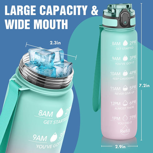 OLDLEY Water Bottles, 32oz - Motivational Sports Water Bottle with Time Marker, Tritan, BPA Free, Wide Mouth, Bubble Gum