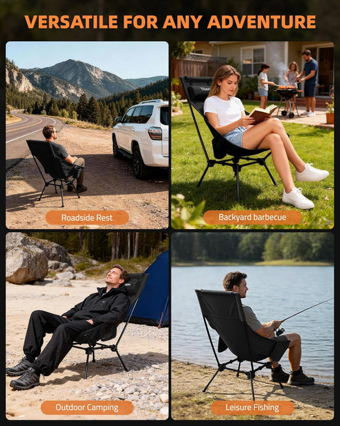 Trakiom High Back Folding Camping Chair, Widened Seat & Lightweight Black Portable Chair with Stable Design, Adjustable